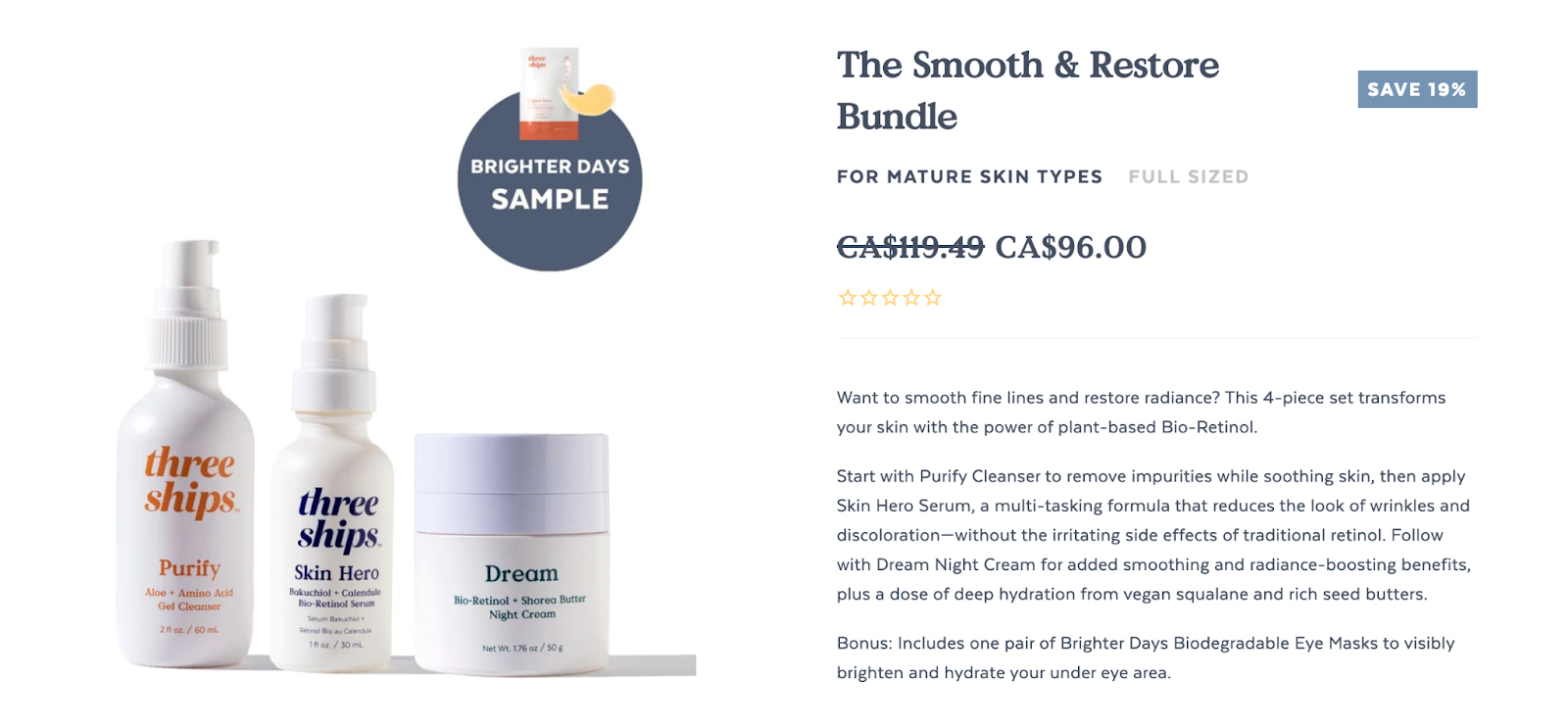 Three Ships' Smooth and Restore Bundle, for mature skin types. It includes a cleanser, serum, and moisturizer. The bundle is on sale for $96.00, and it shows customers how they're saving 19% by purchasing the bundle instead of each item individually.