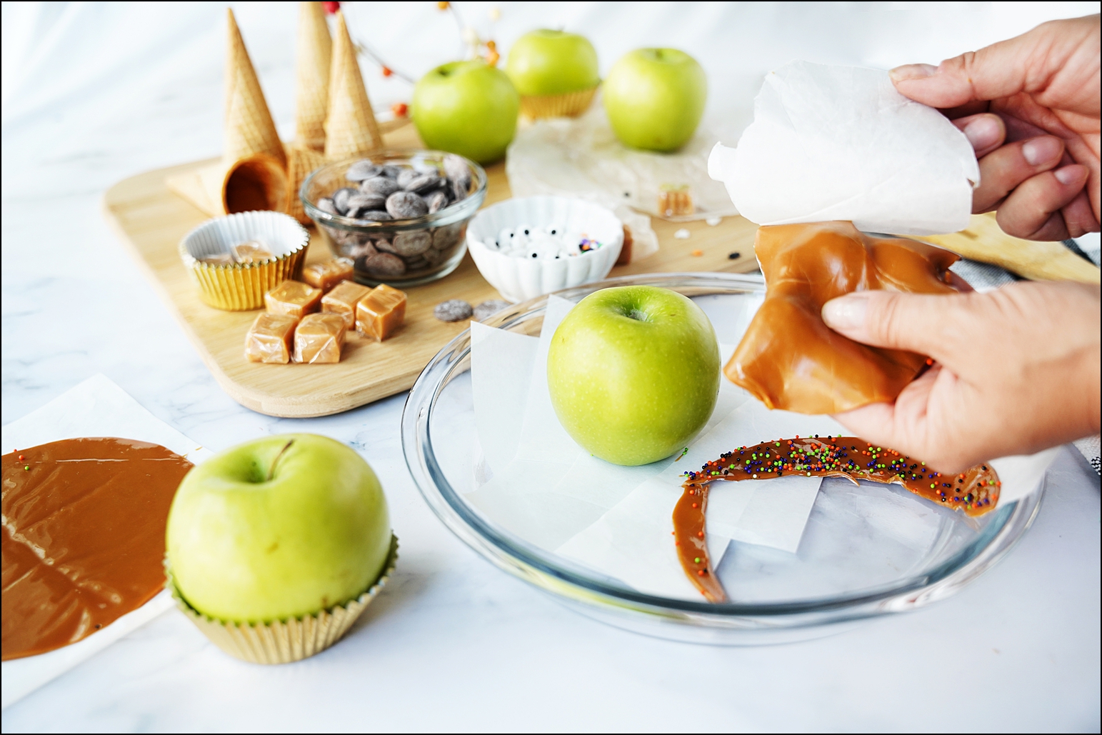 Remove the wax paper from the back of each caramel cut-out.
