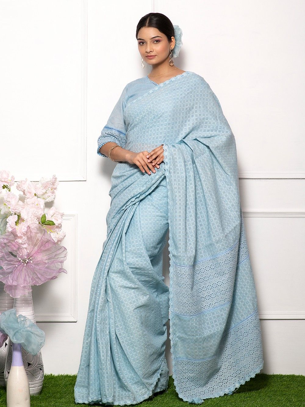 the loom - Sky Blue Cotton Printed Saree