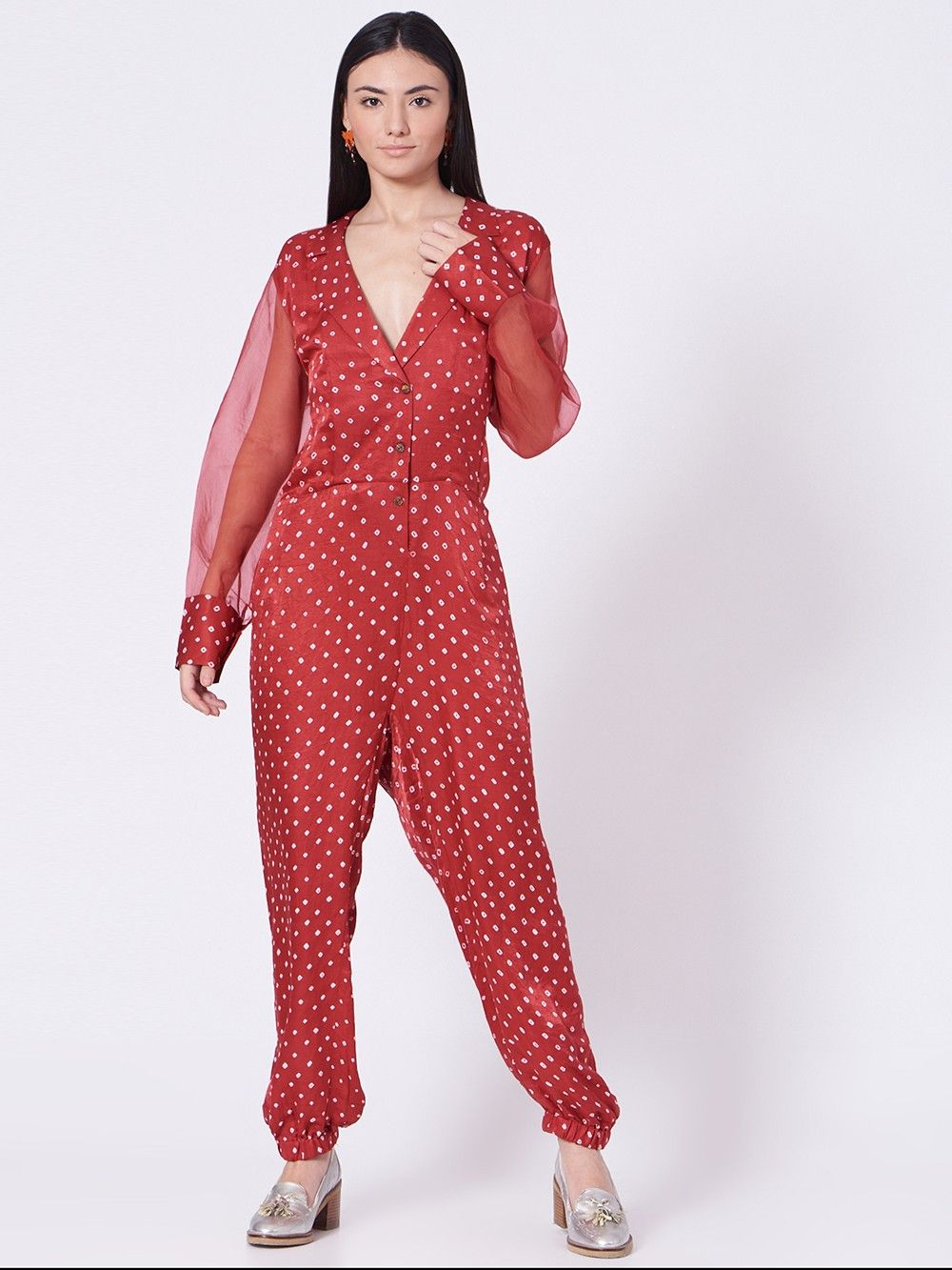 the loom - Red Bandhani Organza Silk Jumpsuit