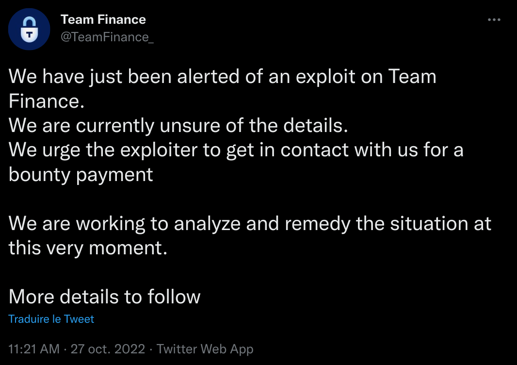 Team Finance a été victime d'un hack le 27 octobre 2022