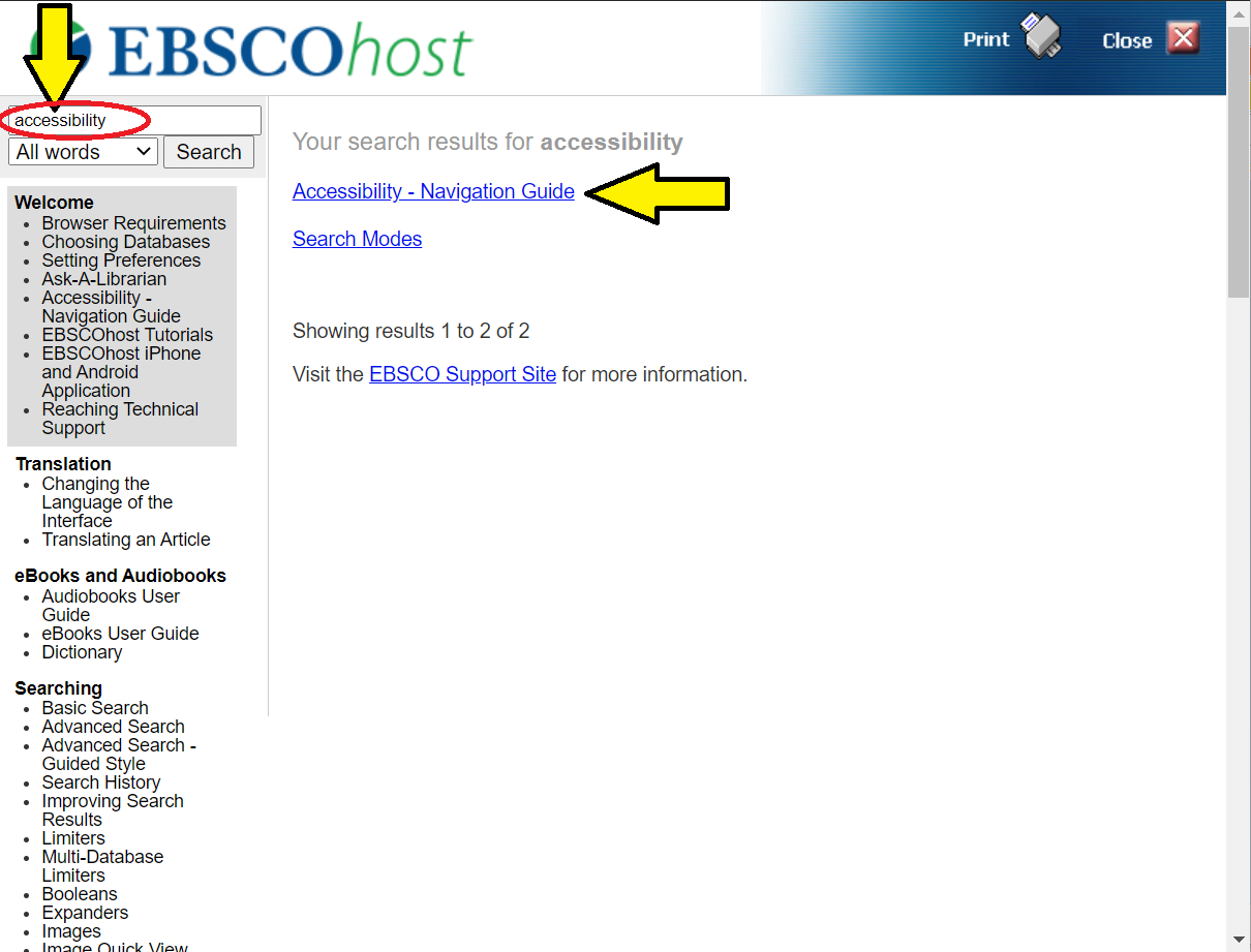 Screenshot of a search for accessibility through EBSCOhost Help link.