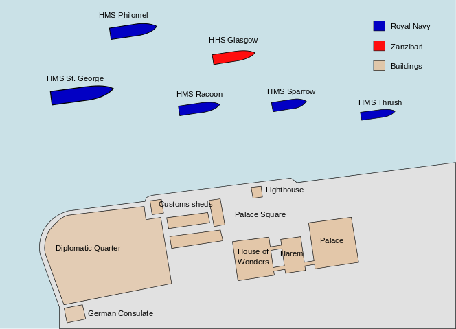 A map of British forces for the Anglo-Zanzibar War. Image courtesy of Wikimedia Commons.