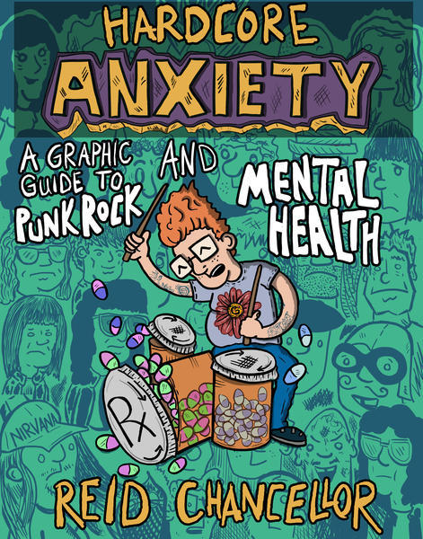 Comic illustration of a punk wearing a flower teeshirt plays giant medication bottles like drums with sketches of people in the background.