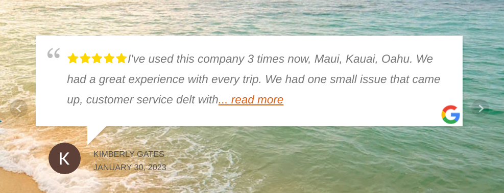 Aloha Hawaiian Vacation Rentals using review sliders with WP Review Slider Pro