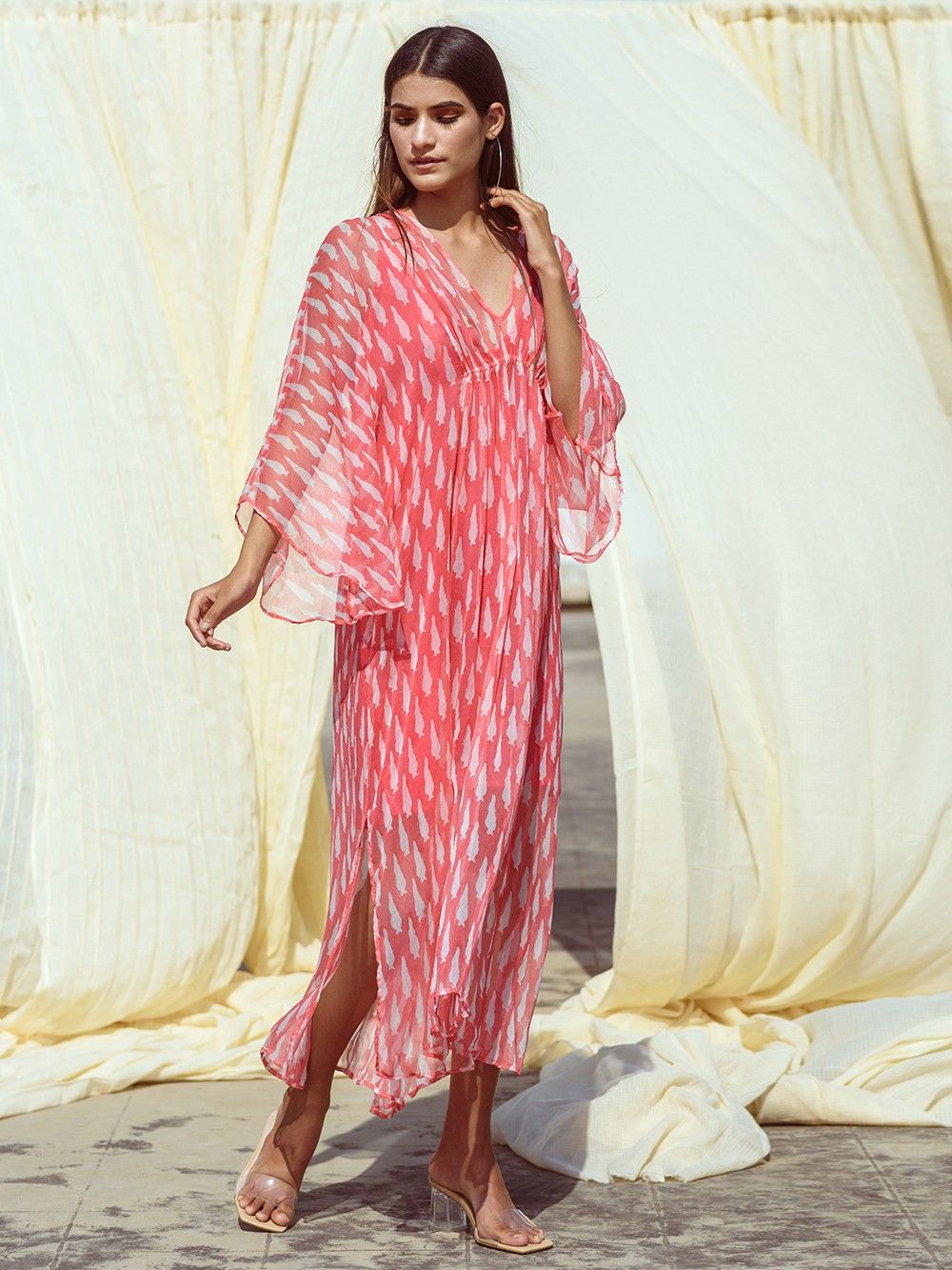 the loom - Red Hand Block Printed Chiffon Kaftan