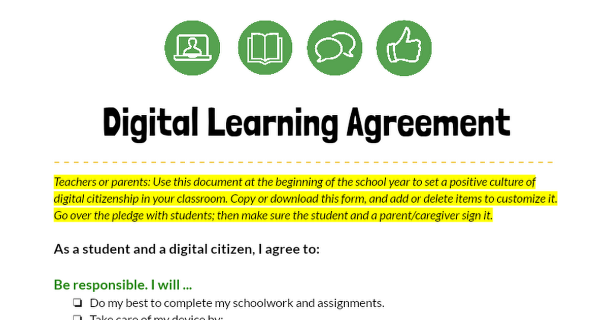 Student Digital Learning Agreement - Grades 6-12