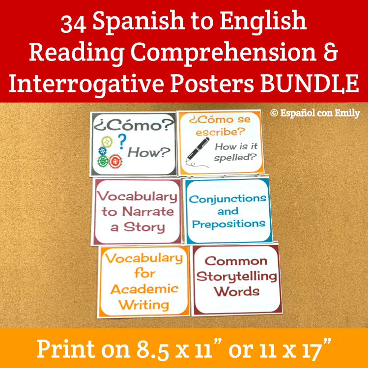 34 Spanish to English Reading Comprehension & Interrogative Posters BUNDLE