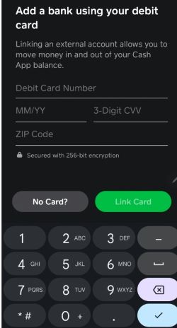 View of how to add money to Cash App card by linking a debit card. 
