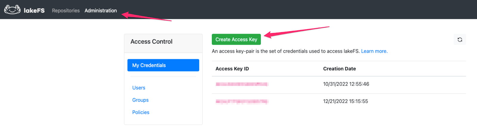 Login to lakeFS and click create access key
