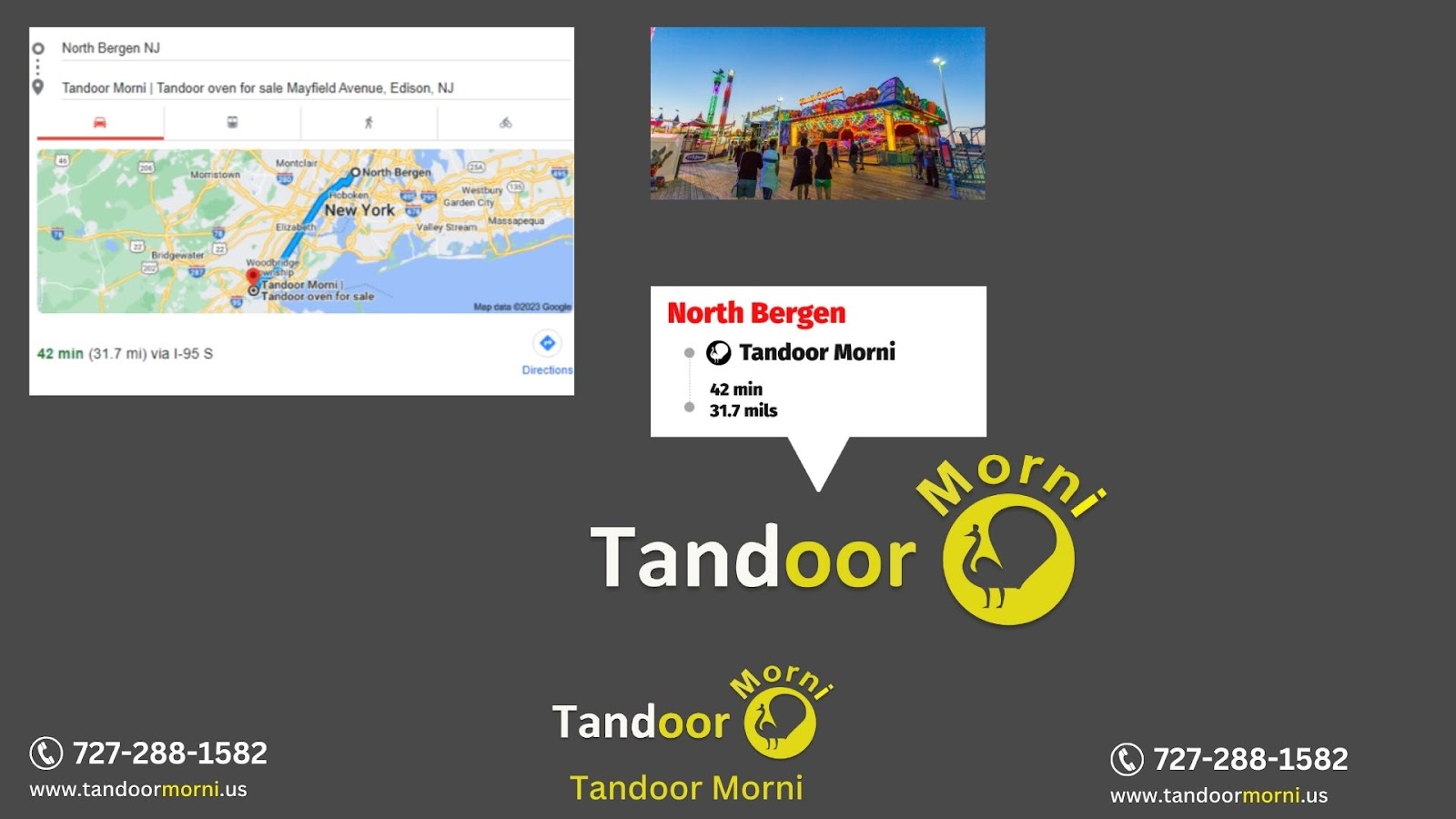 The distances between several locations in New Jersey, including as New Brunswick, Hoboken, Princeton, Bridgewater, and Piscataway, are displayed on tandoors for sale there.
