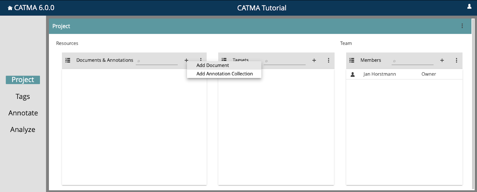 Image shows how to add a new document or annotation collection in CATMA