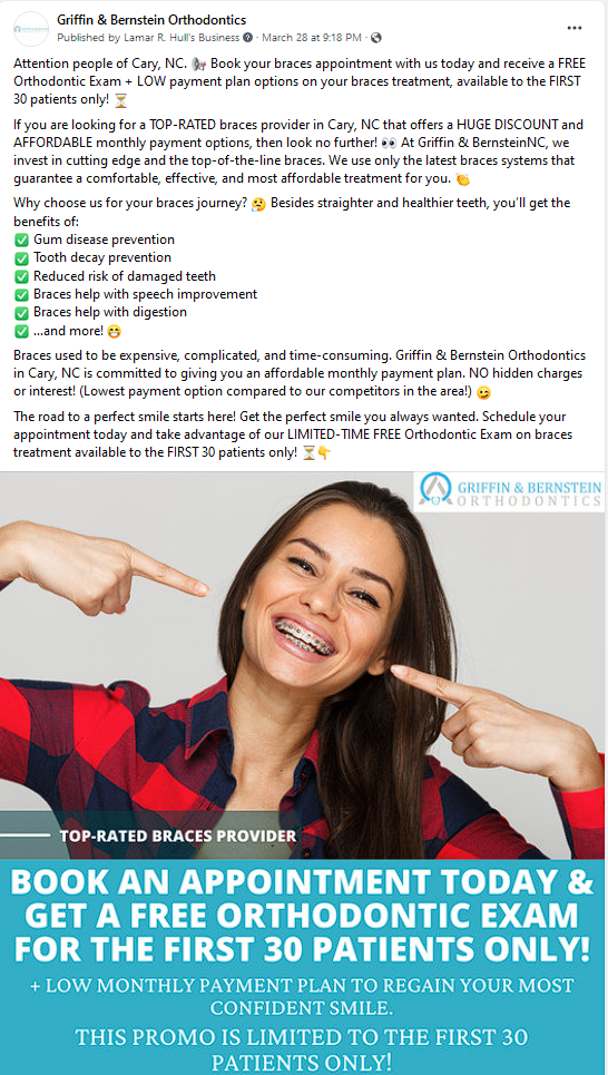 sample Facebook ad for dentists and orthodontists