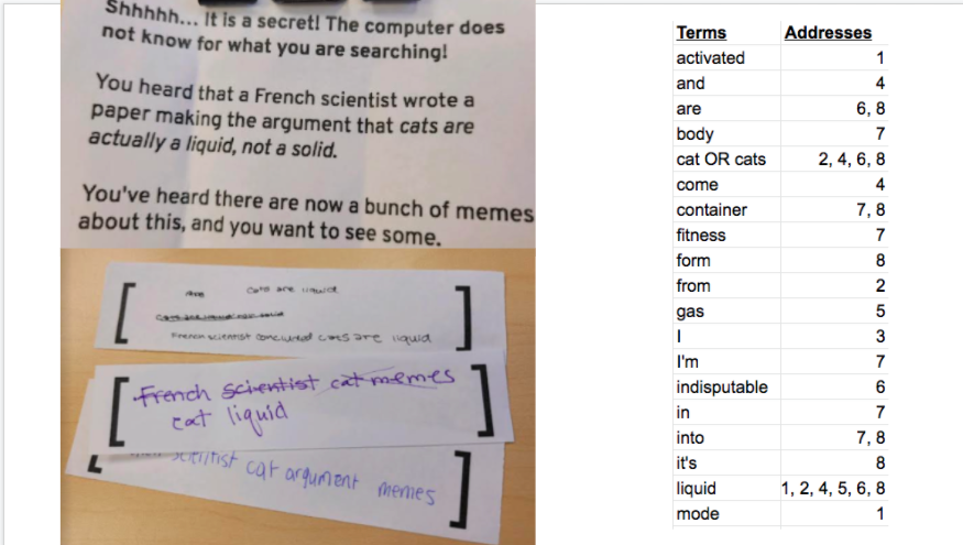 A picture of three lesson handouts: A prompt to try to find memes based on a French scientists' paper arguing that cats are a liquid, some samples of student searches for that meme, and an index of the words appearing on a collection of memes about cats being liquids.