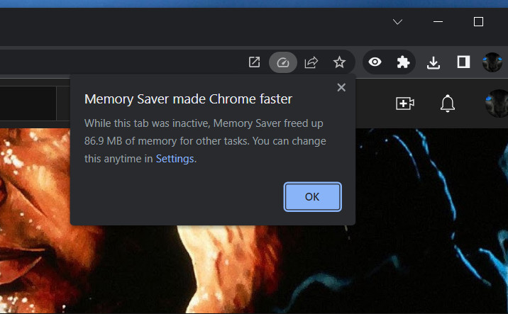 Chrome Memory Saver showing how much RAM a tab reallocates