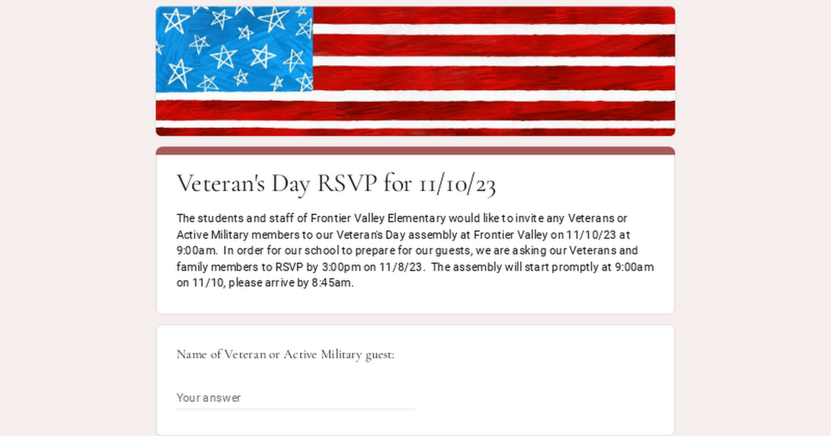 Veteran's Day RSVP for 11/10/23