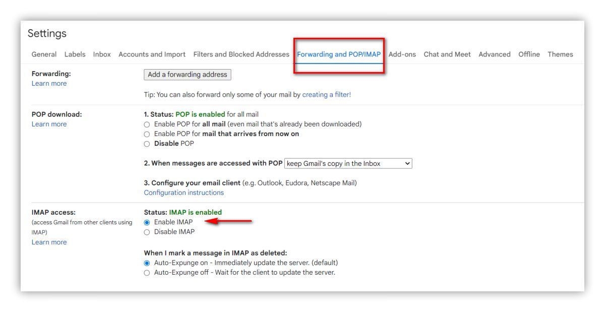 A screenshot of the Gmail settings page with the "Forwarding and POP/IMAP" tab selected and the option to enable IMAP access highlighted.