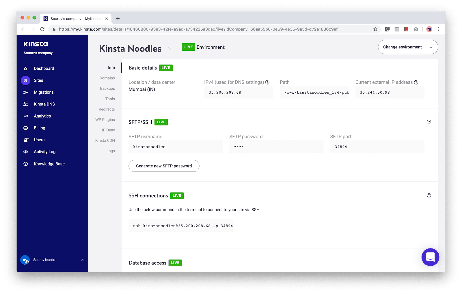 captura de tela do módulo de gerenciamento de sites MyKinta