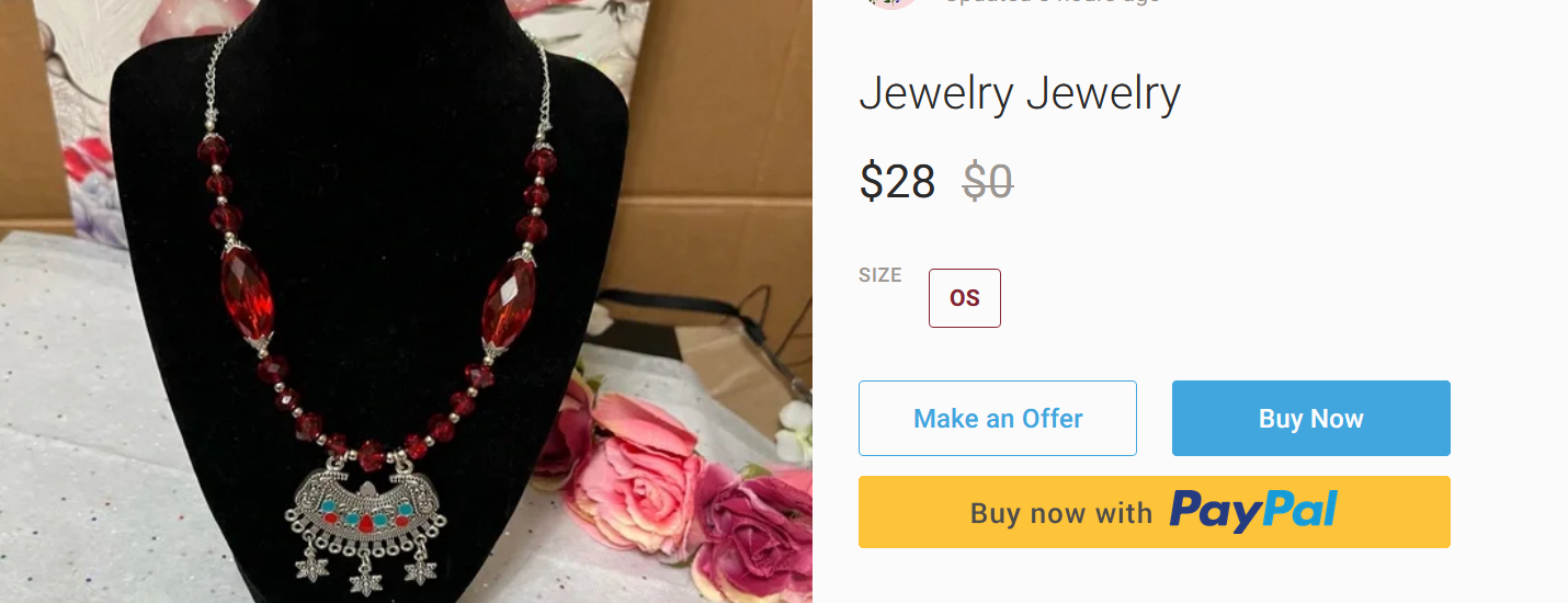 screen grab of necklace on poshmark sellers site showing where the "make an offer" button is located