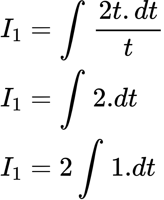 {"font":{"size":10,"color":"#000000","family":"Arial"},"code":"\\begin{align*}\n{I_{1}}&={\\int_{}^{}\\frac{2t.dt}{t}}\\\\\n{I_{1}}&={\\int_{}^{}2.dt}\\\\\n{I_{1}}&={2\\int_{}^{}1.dt}\t\n\\end{align*}","id":"2-1-0-0-0-0-1-1-1-1-1-1-1-1-1-1-1-1-1-1-1-1-1-1-1-1","type":"align*","ts":1601040554484,"cs":"4C8yQvkcJ0wyjwNjTMpZ+w==","size":{"width":96,"height":116}}
