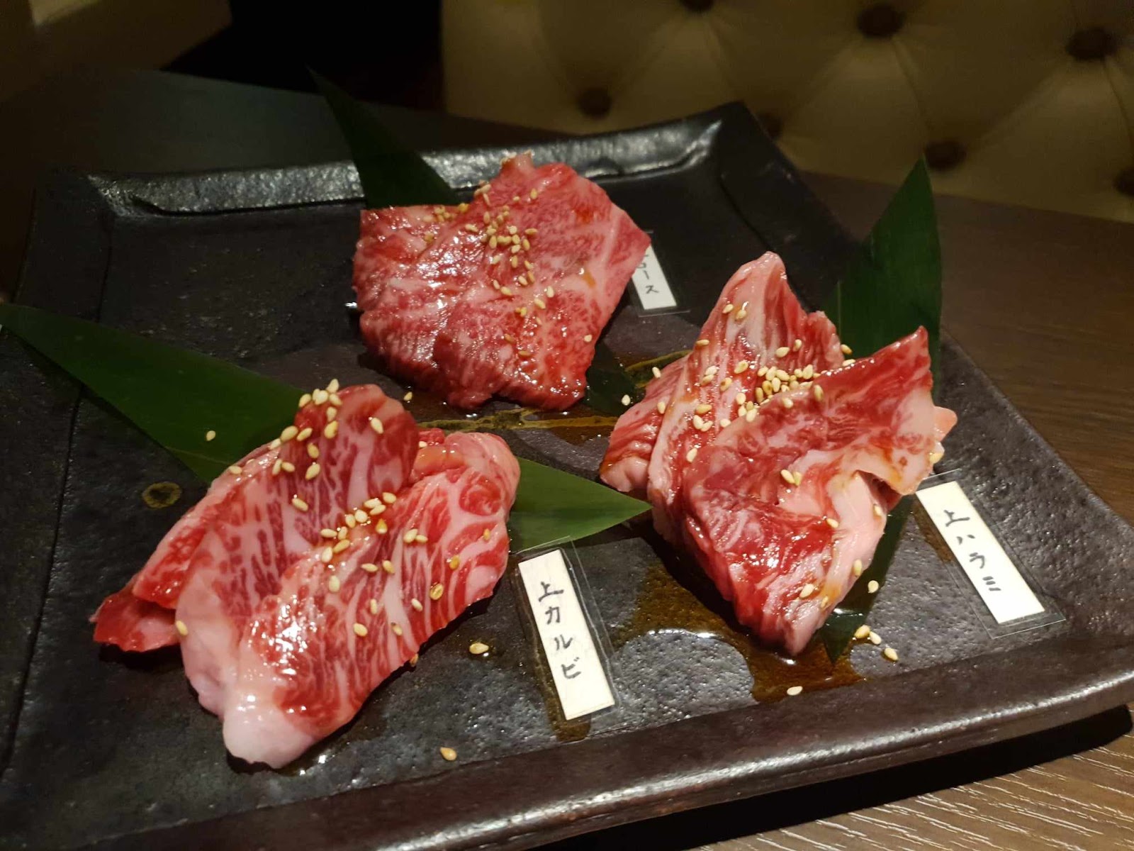 three cuts of Matsusaka wagyu beef at Gansan in Kyoto