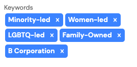 graphic of keywords, they read minority-led, women-led, LGBTQ-led, family-owned, and b corporation