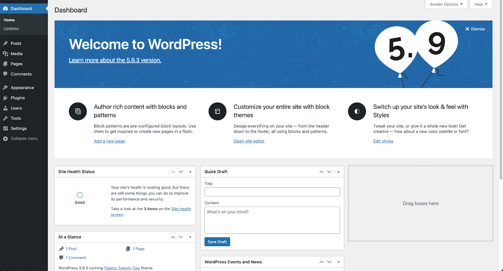 The WordPress dashboard