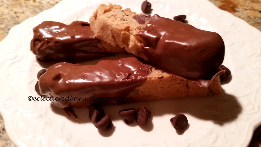 Eclectic Red Barn: Chocolate Dipped Chocolate Chip Biscotti 
