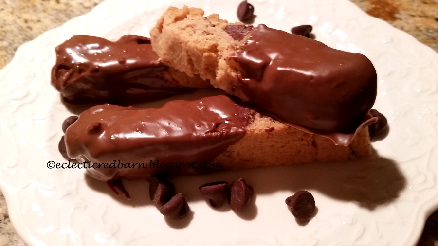 Eclectic Red Barn: Chocolate Dipped Chocolate Chip Biscotti