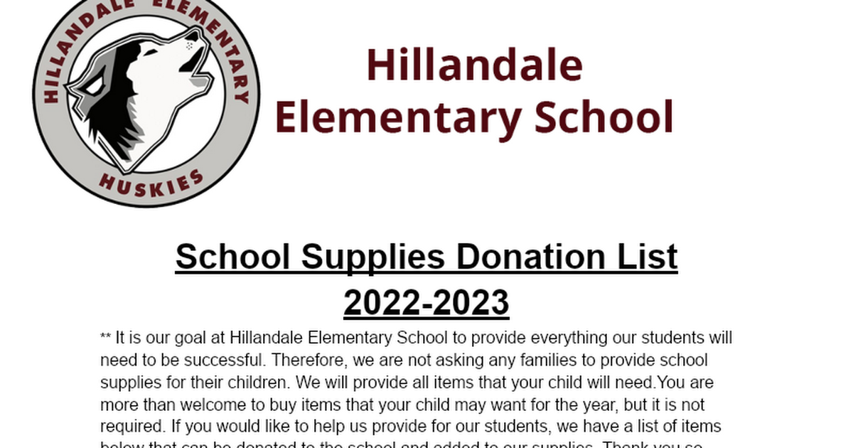 School Supplies Donation List 2022-2023