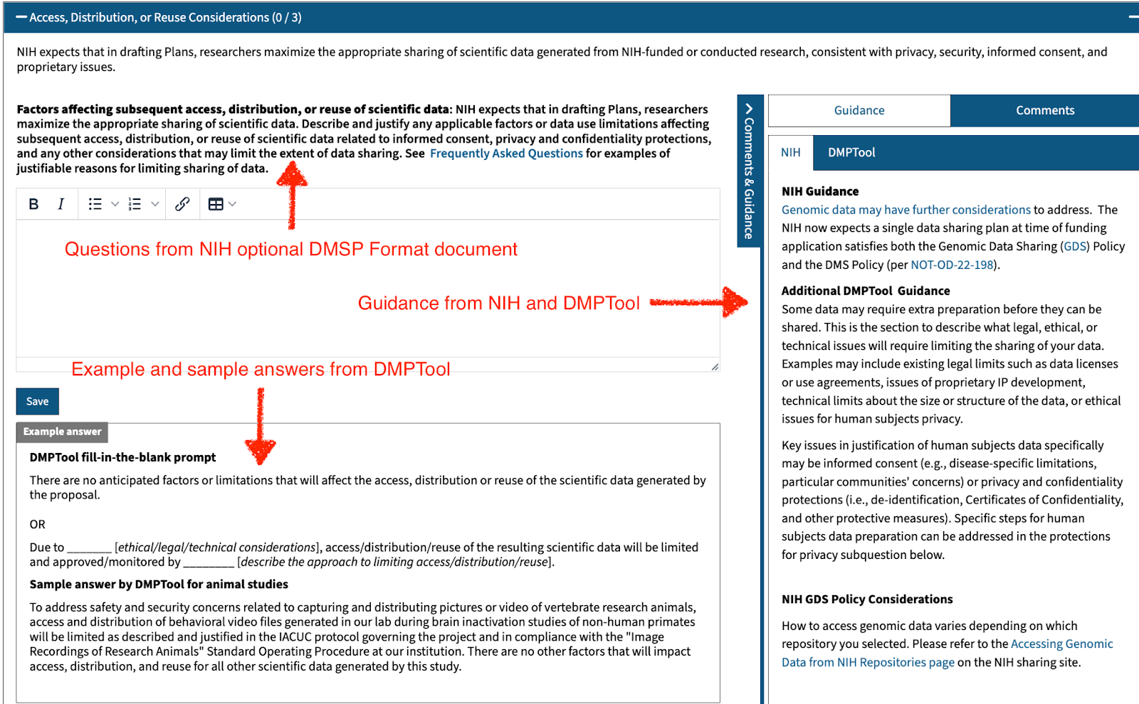 This new DMPTool NIH-GEN DMSP (forthcoming 2023) template includes answer prompts and sample answer text. 