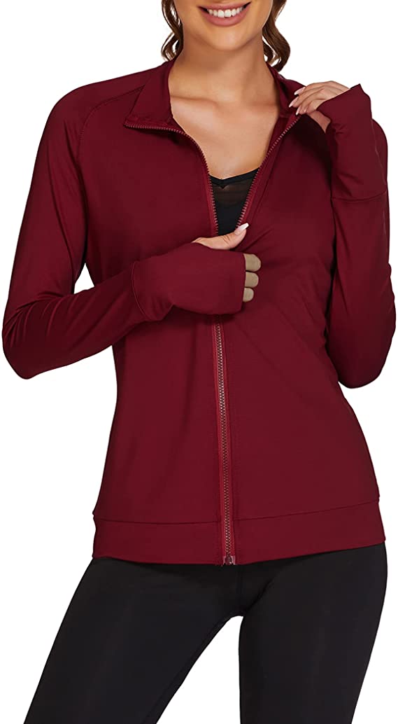 Pinspark Workout Jacket for Women Full Zip Long Sleeve Yoga Athletic Running Active Sportswear with Thumb Holes