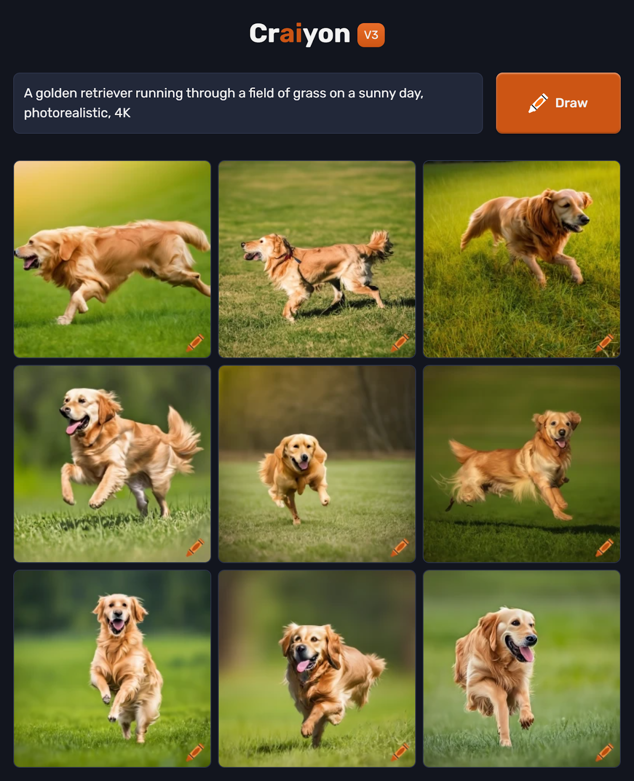 Nine images of a Golden Retriever running through a field generated using Craiyon AI.
