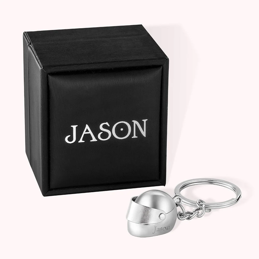 porte-clefs en forme de casque de motard et boîte personnalisés avec le prénom Jason.