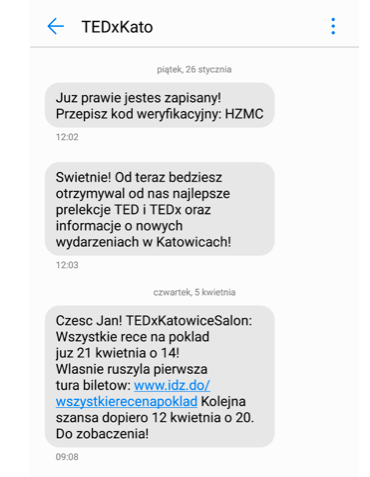 Wiadomość SMS przesłana przez TEDxKatowice