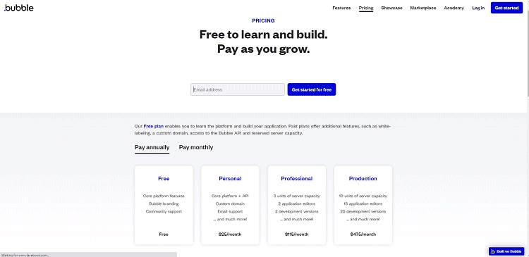 Bubble Pricing Page