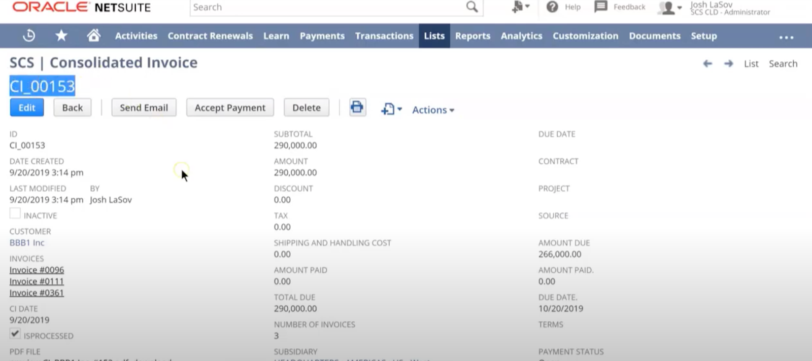 The record of a consolidated invoice in NetSuite. 