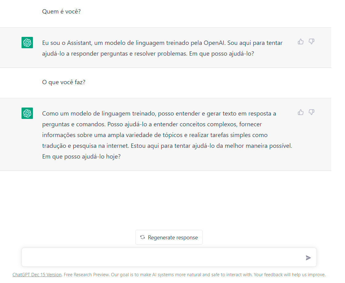 Exemplo de perguntas no painel do ChatGPT.