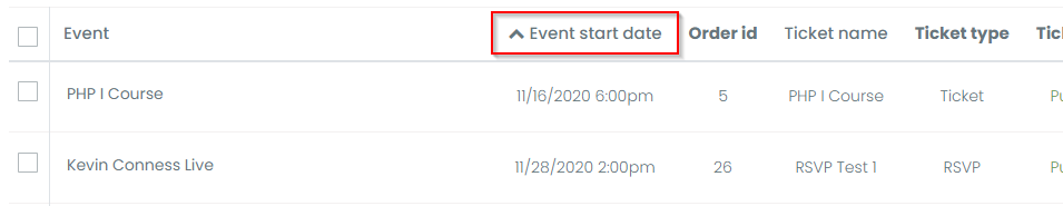 print screen of the Event start date sort option