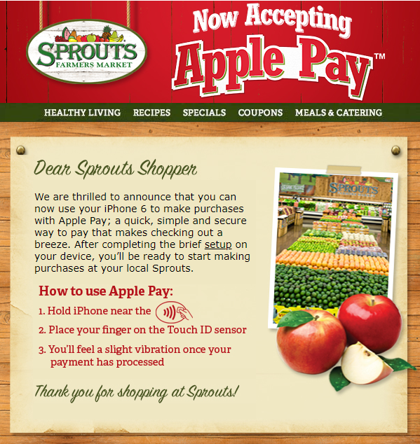 Sprouts newsletter accepting Apple Pay payments