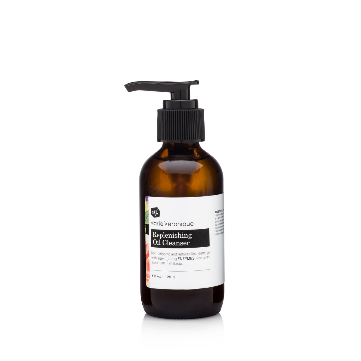 Marie Veronique Replenishing Oil Cleanser 4 fl oz / 120 ml. Non-stripping. Smoothes skin with SOD + OMEGA-6 OILS. Stimulates circulation. Removes sunscreen + makeup.