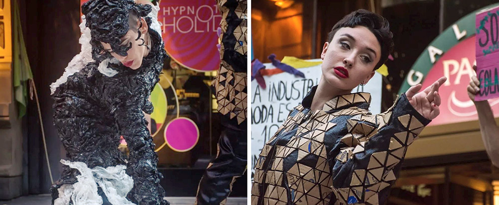 Left photo: A rebel in black cat suit poses. Right photo: a rebel in a triangle print jacket also poses