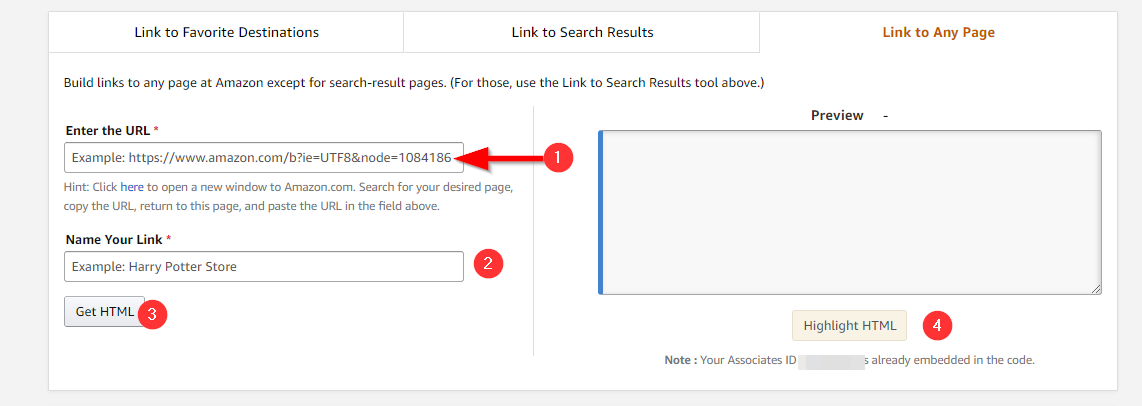 link to any page in Amazon Associates screenshot 