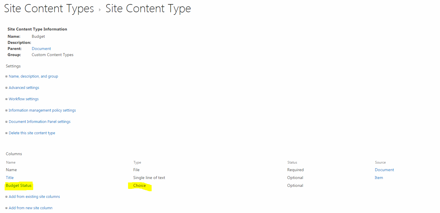 Create New Site Content Type - Create Site Columns