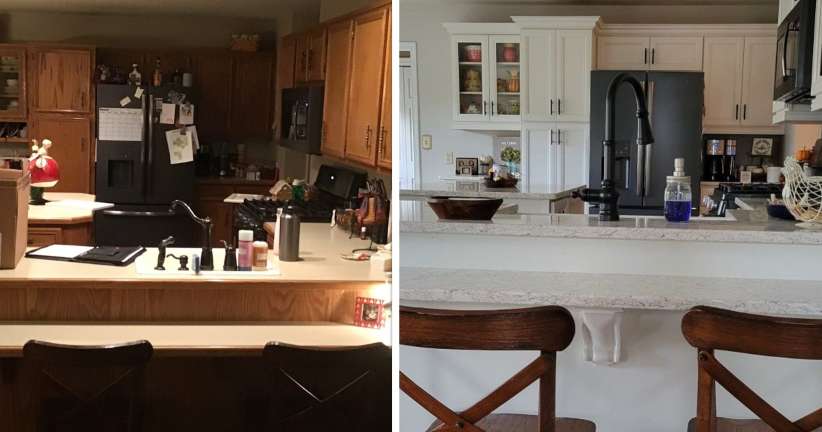  A side-by-side comparison of a completed kitchen remodel from the perspective of the kitchen bar, looking in toward the cabinets, fridge, and island.