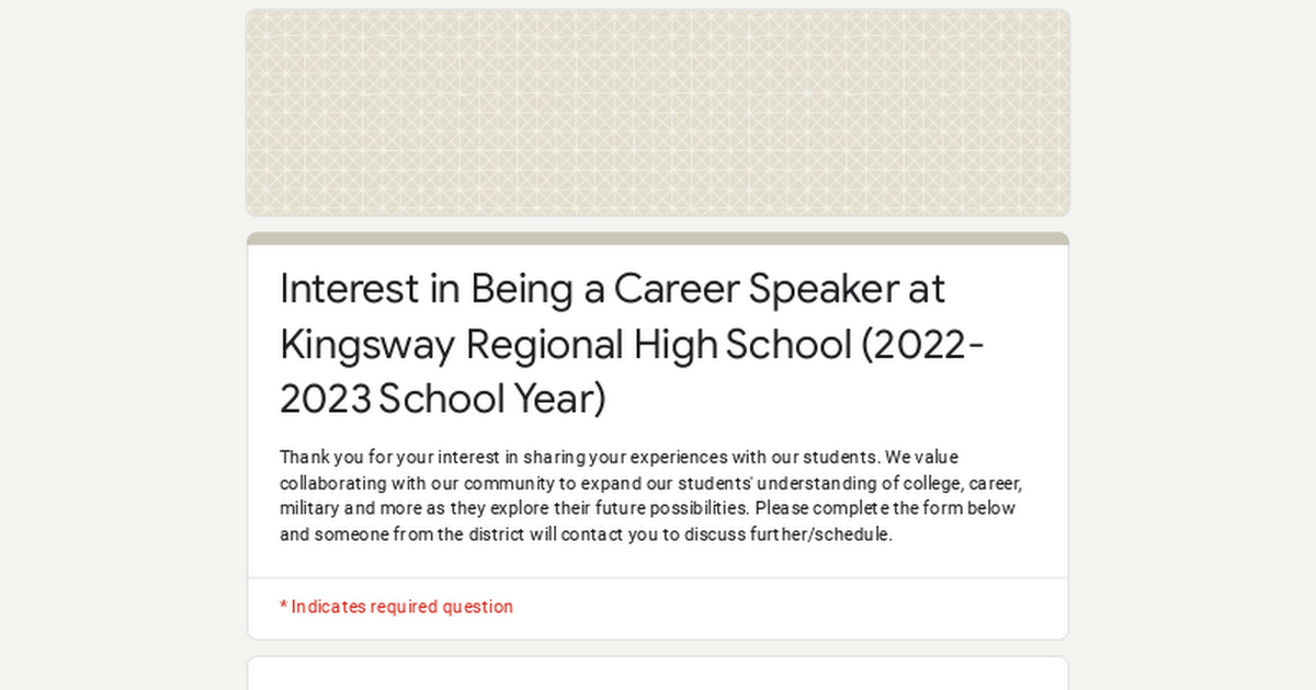 Interest in Being a Career Speaker at Kingsway Regional High School (2022-2023 School Year)