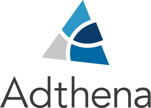Adthena text written in black, on the top there's a triangle blue and grey, which is their logo