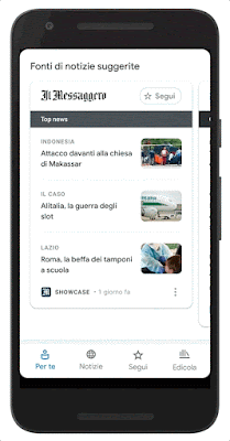 Schermata di uno smartphone che mostra le Fonti di notizie suggerite da News.