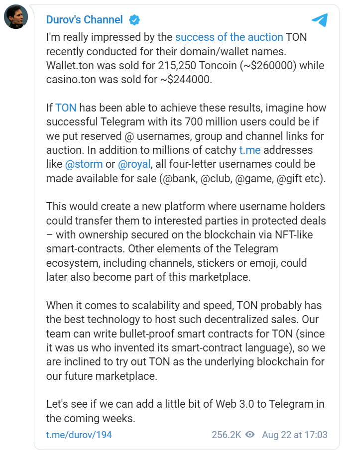 Telegram собирается выставлять на продажу уникальные доменные имена и адреса