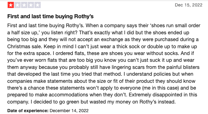 Screenshot from Trustpilot.com showing a bad review about a Rothy's shoe order.
